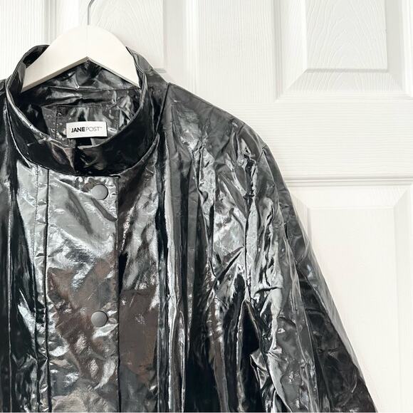 Jane Post Black Patent Shiny Boxy Rain Coat Poncho Jacket Snap Button Back 1X - Picture 6 of 14